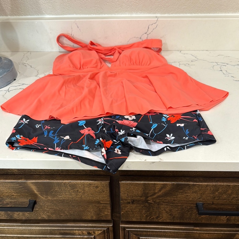 Coral Halter Top with Floral Tankini Bathing Suit